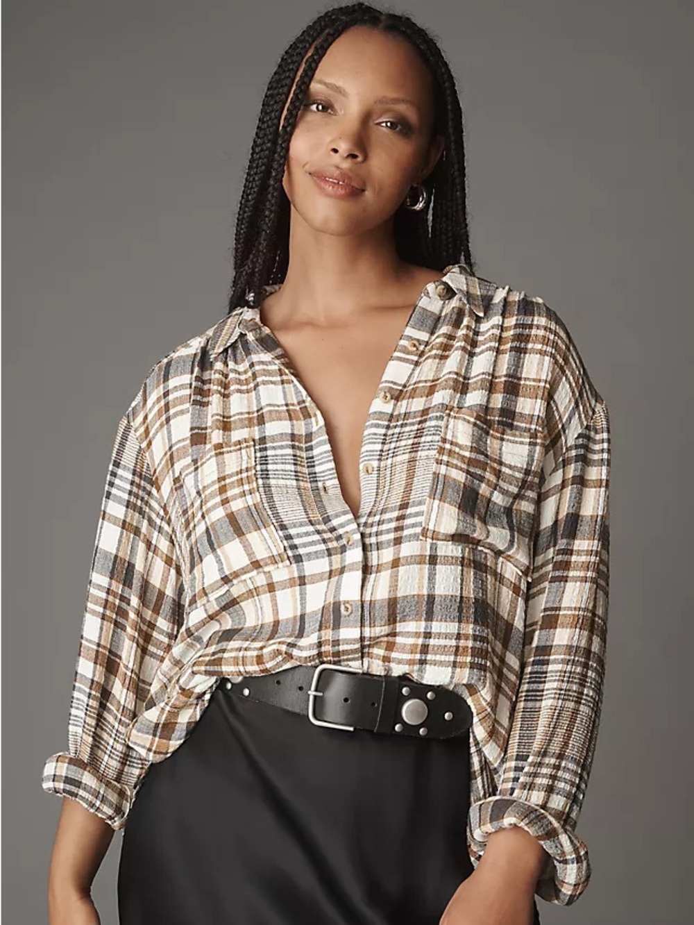 Anthropologie Pilcro Hadley Relaxed brown Plaid Buttondown Shirt size medium
